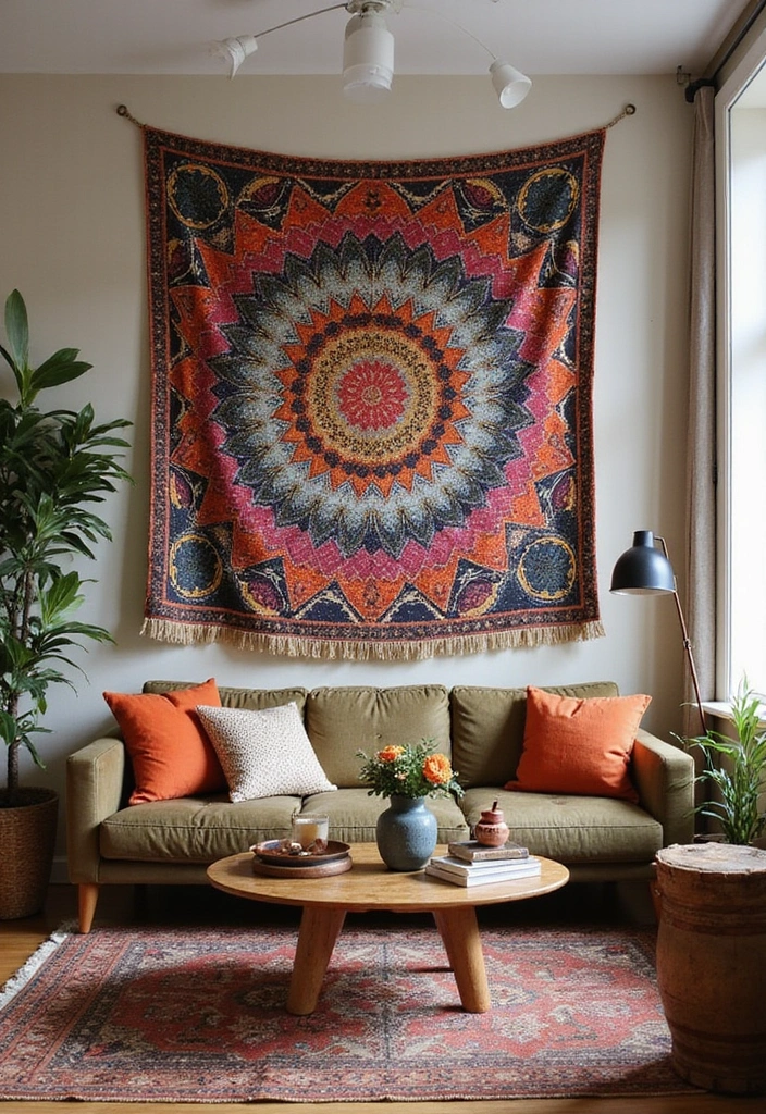 29 Feature Wall Ideas For Living Rooms That Impress Instantly 167 29 Feature Wall Ideas For Living Rooms That Impress Instantly - 25. Funky Tapestry Display