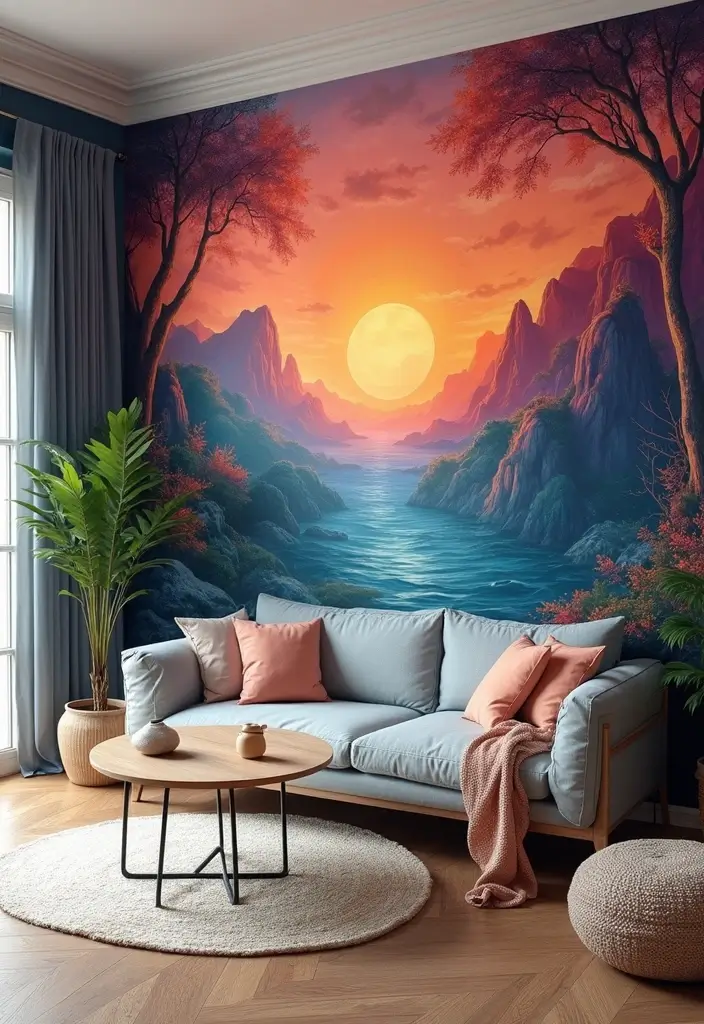 29 Feature Wall Ideas For Living Rooms That Impress Instantly 57 29 Feature Wall Ideas For Living Rooms That Impress Instantly - 9. Statement Mural Magic
