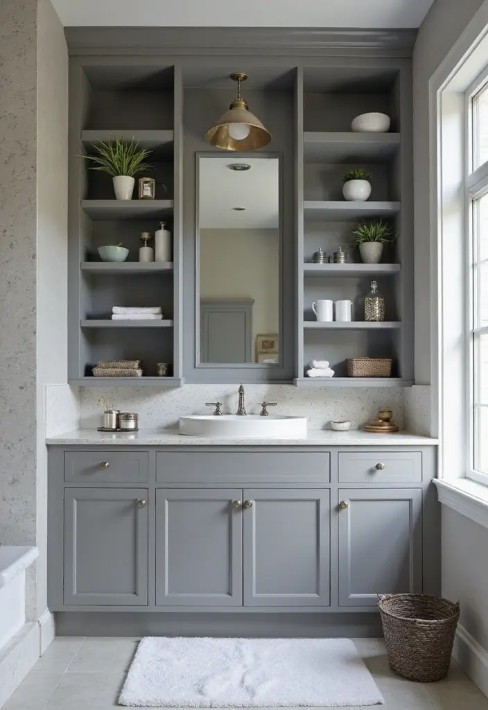 29 Grey Bathroom Ideas For a Calm Modern Look 85 29 Grey Bathroom Ideas For a Calm Modern Look - 13. Open Shelving