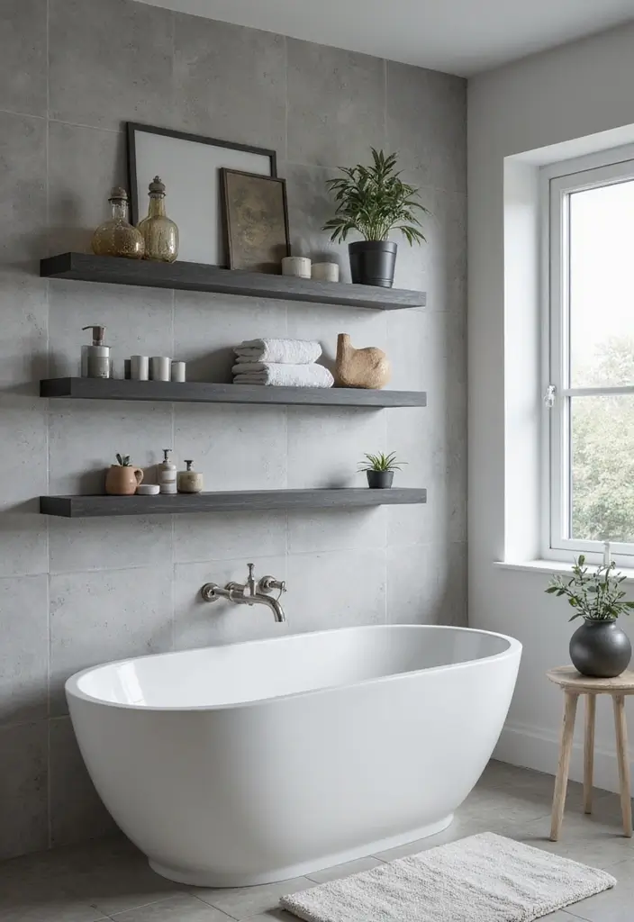 29 Grey Bathroom Ideas For a Calm Modern Look 179 29 Grey Bathroom Ideas For a Calm Modern Look - 27. Grey Floating Shelves