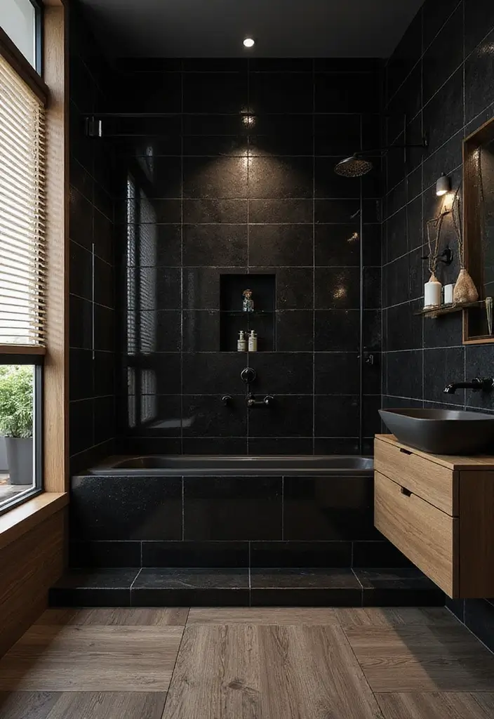 29 Moody Bathroom Ideas That Add Drama and Depth 64 29 Moody Bathroom Ideas That Add Drama and Depth - 10. Glossy Black Accents