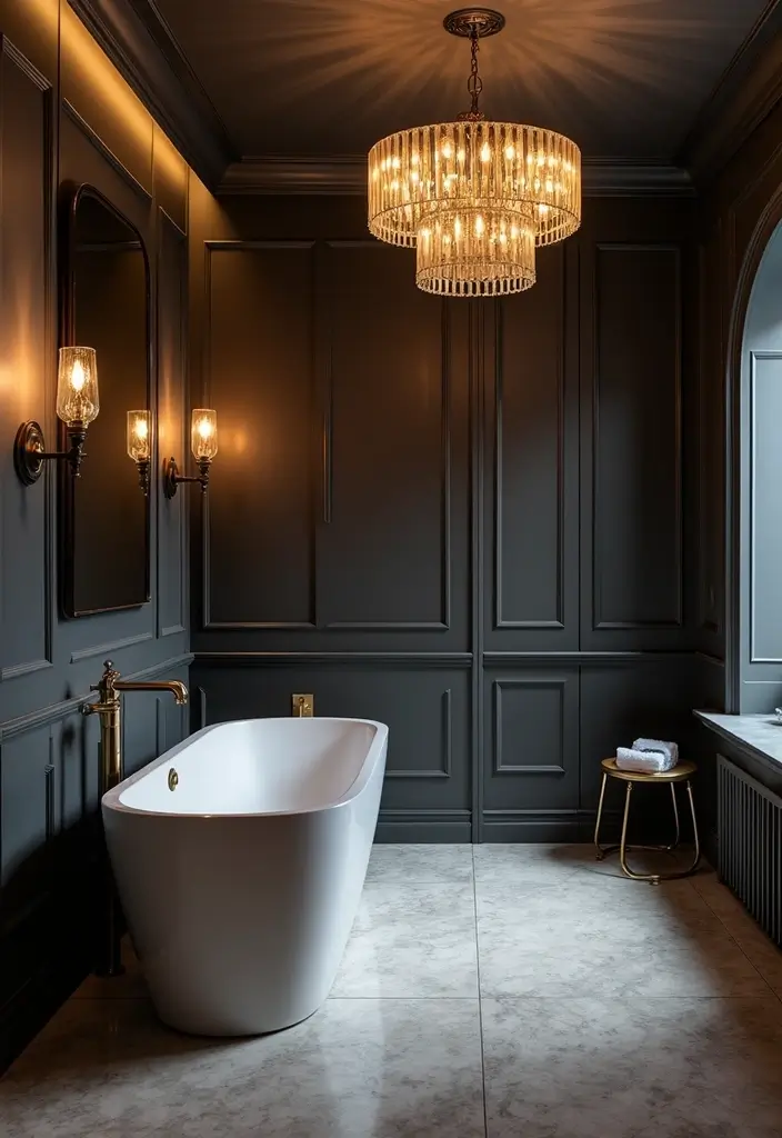 29 Moody Bathroom Ideas That Add Drama and Depth 99 29 Moody Bathroom Ideas That Add Drama and Depth - 15. Dramatic Lighting Fixtures