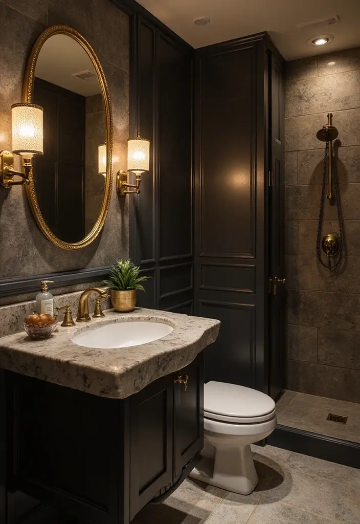 29 Moody Bathroom Ideas That Add Drama and Depth 113 29 Moody Bathroom Ideas That Add Drama and Depth - 17. Warm Metallic Accents