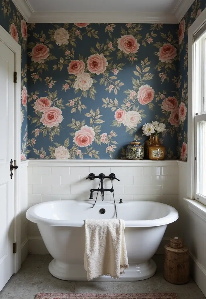 29 Moody Bathroom Ideas That Add Drama and Depth 22 29 Moody Bathroom Ideas That Add Drama and Depth - 4. Moody Floral Wallpaper