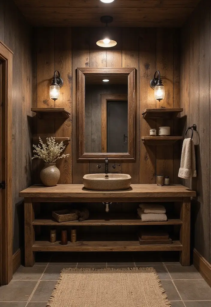 29 Moody Bathroom Ideas That Add Drama and Depth 29 29 Moody Bathroom Ideas That Add Drama and Depth - 5. Rustic Dark Wood