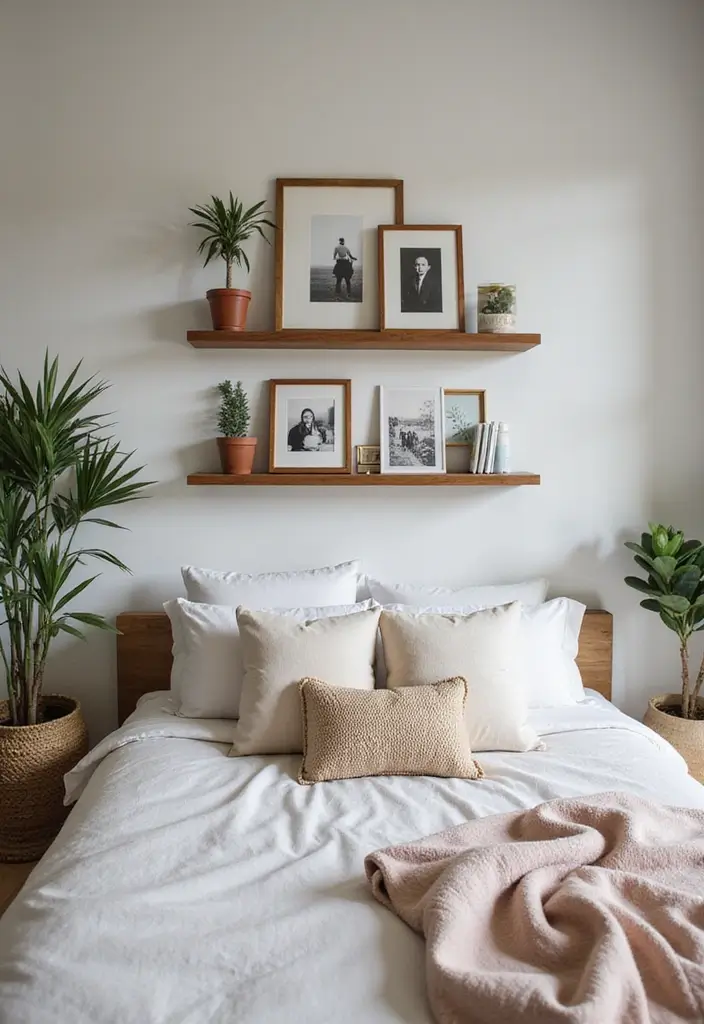 29 Picture Wall Ideas For Bedrooms That Feel Cozy And Personal 111 29 Picture Wall Ideas For Bedrooms That Feel Cozy And Personal - 17. Floating Shelves Display