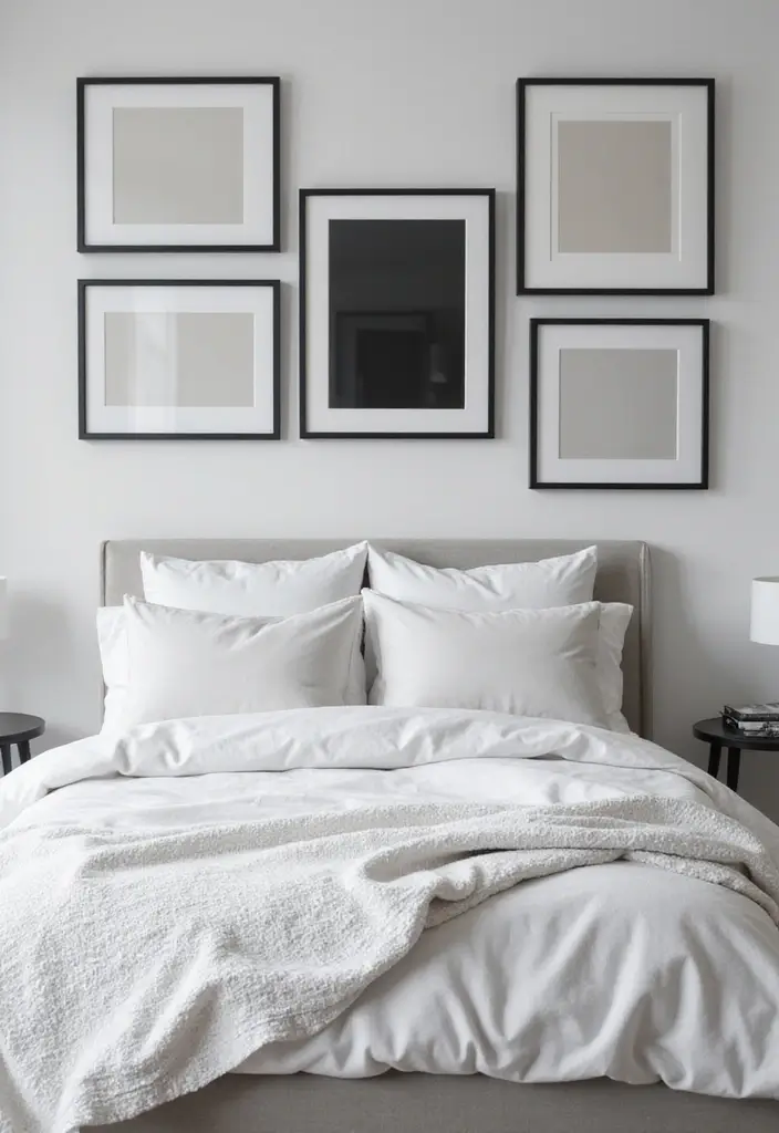 29 Picture Wall Ideas For Bedrooms That Feel Cozy And Personal 8 29 Picture Wall Ideas For Bedrooms That Feel Cozy And Personal - 2. Minimalist Monochrome