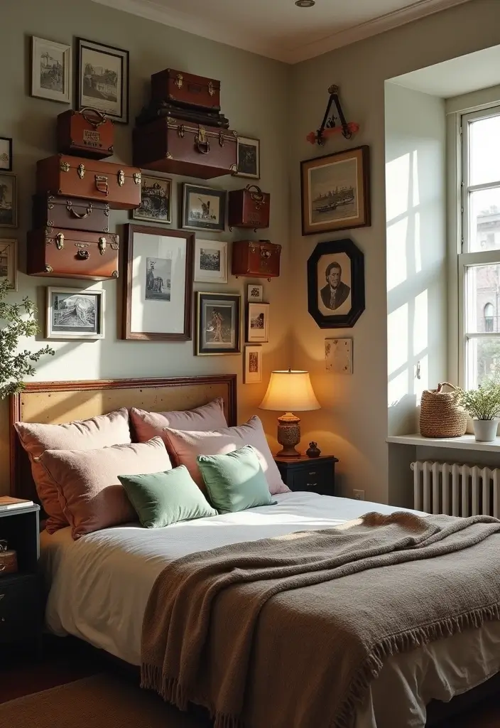 29 Picture Wall Ideas For Bedrooms That Feel Cozy And Personal 146 29 Picture Wall Ideas For Bedrooms That Feel Cozy And Personal - 22. Vintage Suitcase Display