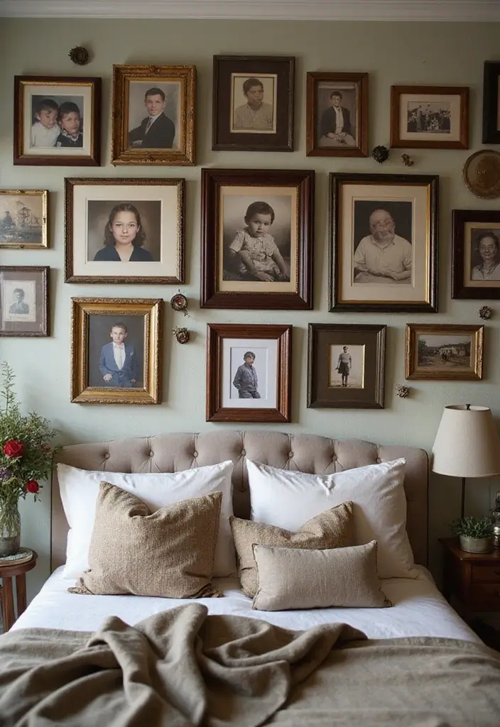29 Picture Wall Ideas For Bedrooms That Feel Cozy And Personal 50 29 Picture Wall Ideas For Bedrooms That Feel Cozy And Personal - 8. Family Heritage Showcase