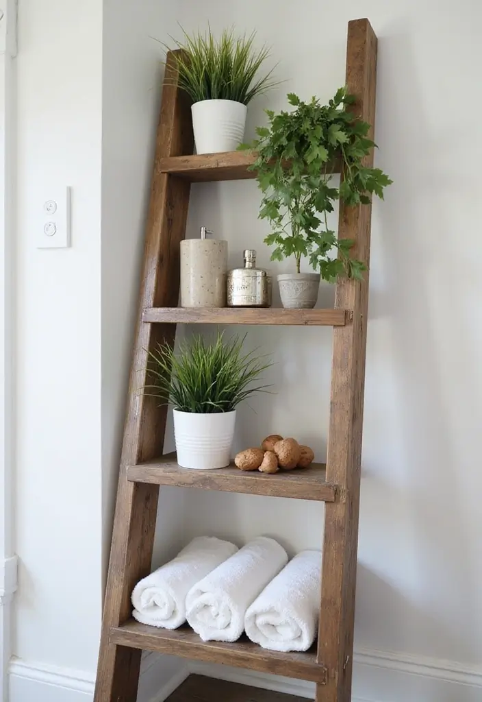29 Smart Storage Ideas For Small Bathrooms You’ll Actually Use 131 29 Smart Storage Ideas For Small Bathrooms You’ll Actually Use - 21. Bathroom Ladder Shelf