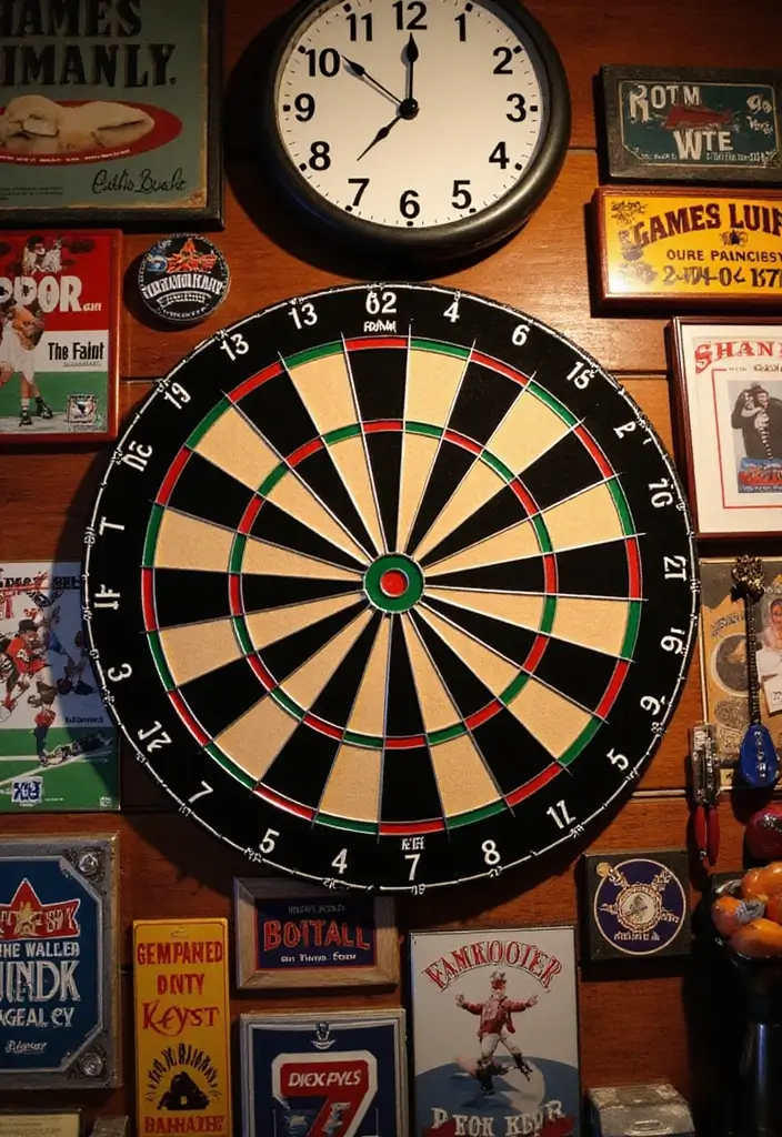 30+ Dart Board Wall Ideas That Look Cool and Protect Your Walls 197 30+ Dart Board Wall Ideas That Look Cool and Protect Your Walls - 29. Dart Board Display with Sports Memorabilia