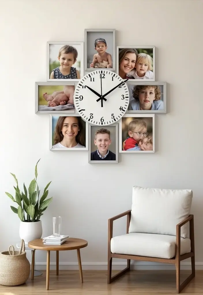 30+ Family Picture Wall Ideas That Tell Your Story Beautifully 100 30+ Family Picture Wall Ideas That Tell Your Story Beautifully - 16. Photo Wall Clock