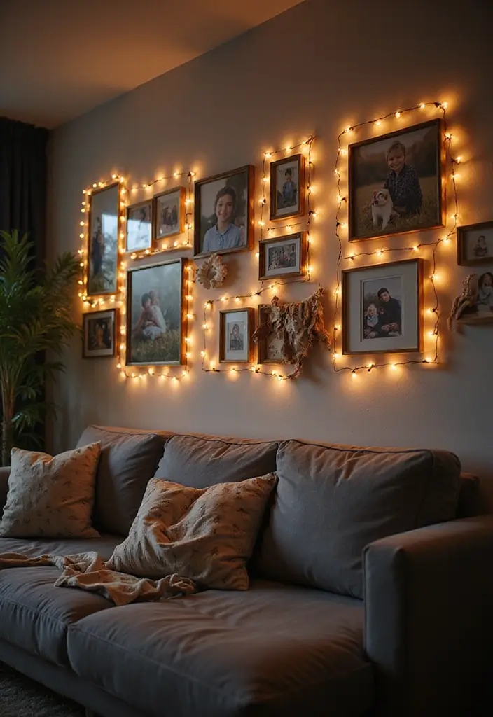 30+ Family Picture Wall Ideas That Tell Your Story Beautifully 166 30+ Family Picture Wall Ideas That Tell Your Story Beautifully - 26. Light Frames