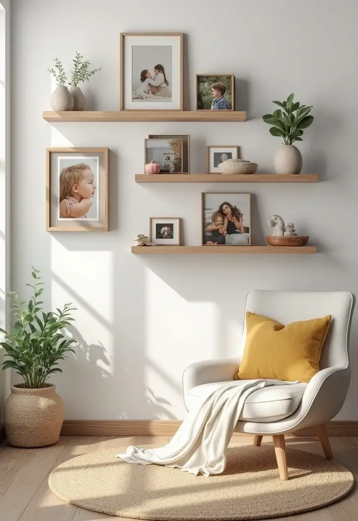 30+ Family Picture Wall Ideas That Tell Your Story Beautifully 22 30+ Family Picture Wall Ideas That Tell Your Story Beautifully - 4. Floating Shelves for a Layered Look