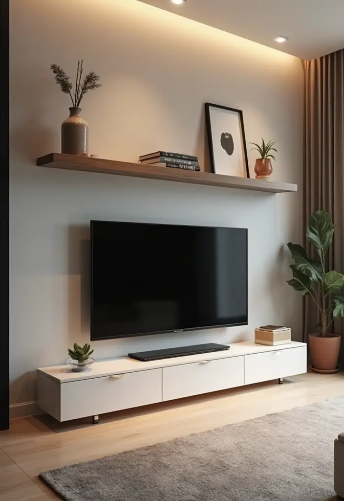 30+ Living Room TV Wall Ideas For A Designer-Look Makeover 1 30+ Living Room TV Wall Ideas For A Designer-Look Makeover - 1. Sleek Floating Shelves