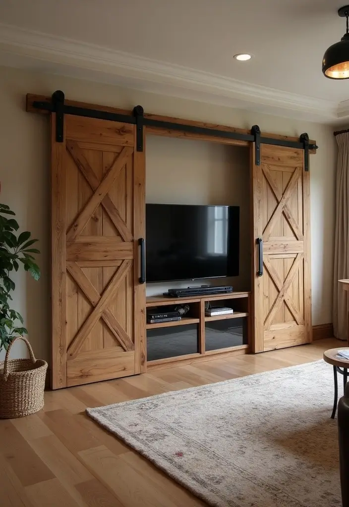 30+ Living Room TV Wall Ideas For A Designer-Look Makeover 92 30+ Living Room TV Wall Ideas For A Designer-Look Makeover - 14. Rustic Barn Doors
