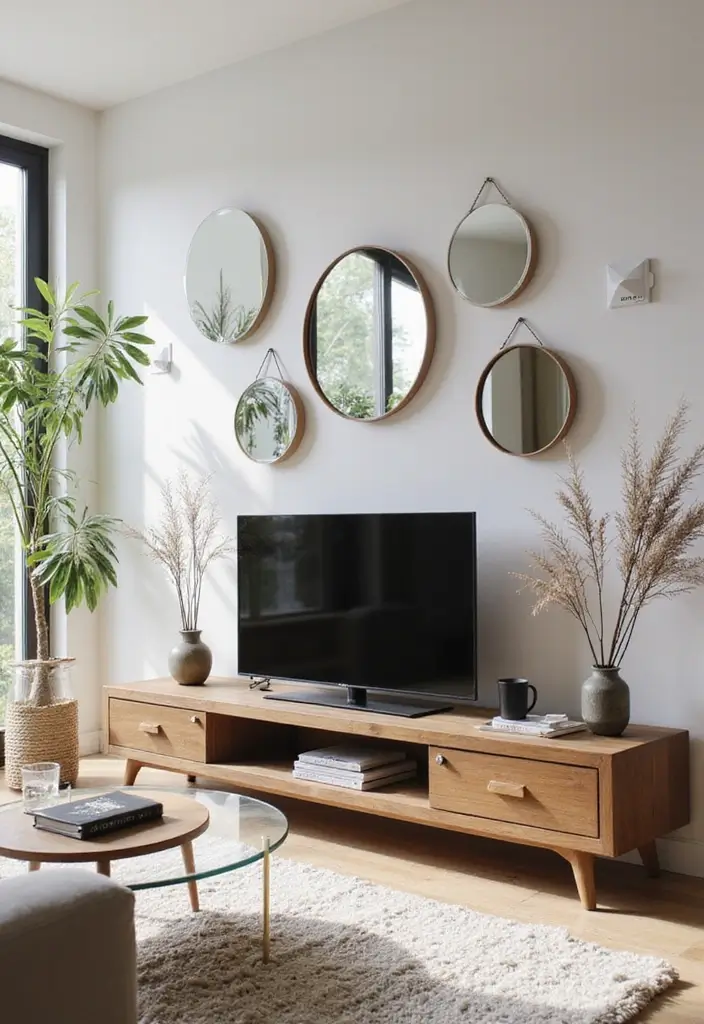 30+ Living Room TV Wall Ideas For A Designer-Look Makeover 127 30+ Living Room TV Wall Ideas For A Designer-Look Makeover - 19. Creative Use of Mirrors