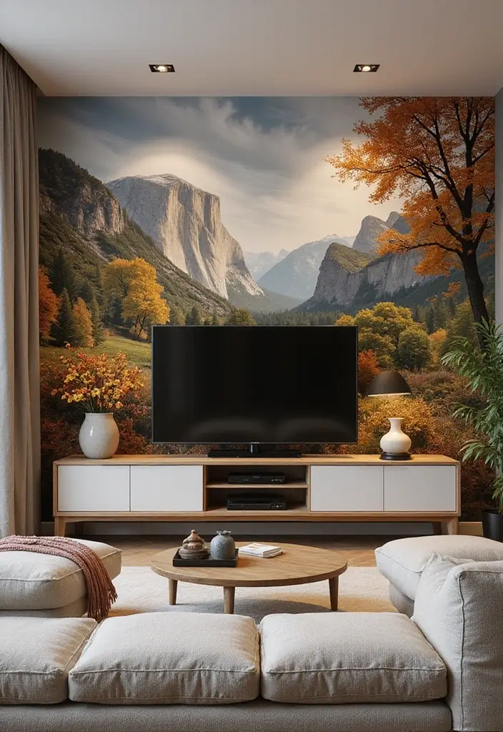 30+ Living Room TV Wall Ideas For A Designer-Look Makeover 169 30+ Living Room TV Wall Ideas For A Designer-Look Makeover - 25. Scenic Wallpaper