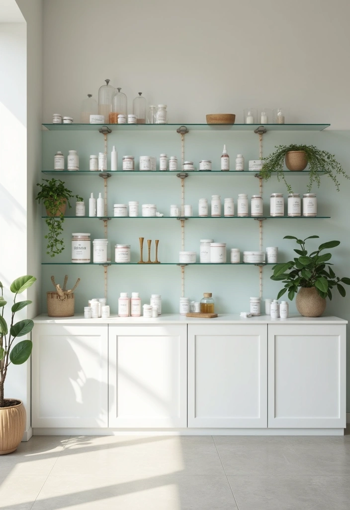 30 Medicine Storage Ideas for Safe and Stylish Home Organization 23. Minimalist Glass Shelving