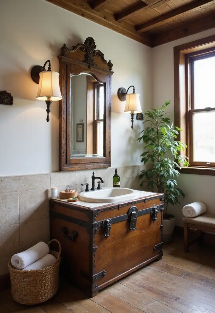 30+ Small Rustic Bathroom Ideas Full of Warm Country Charm 133 30+ Small Rustic Bathroom Ideas Full of Warm Country Charm - 23. Antique Trunks for Storage
