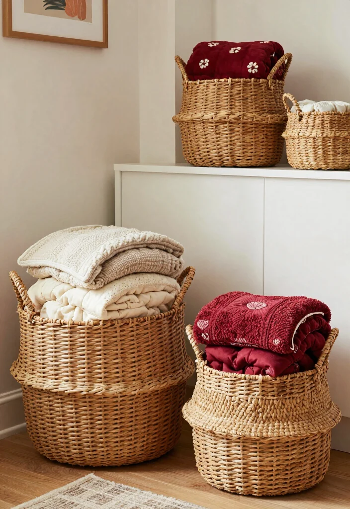 10 Comforter Storage Ideas for Small Homes 2. Decorative Baskets 0