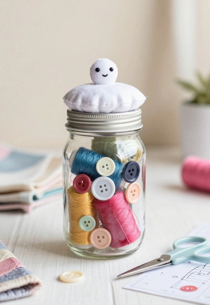 10 Mason Jar Storage Ideas for Creative Organization 8. Sewing Kit in a Jar 0