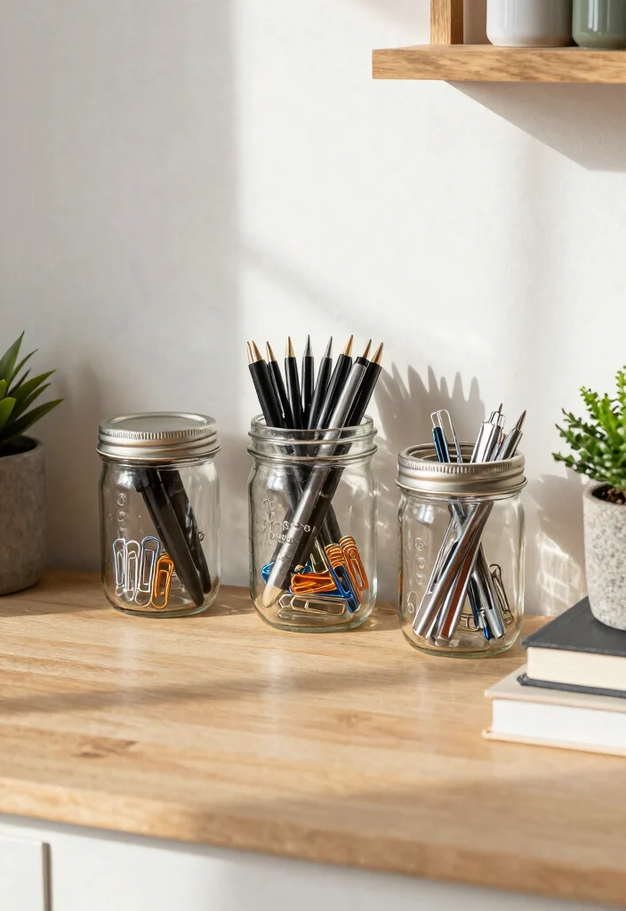 10 Mason Jar Storage Ideas for Creative Organization 9. Organized Office Supplies 0