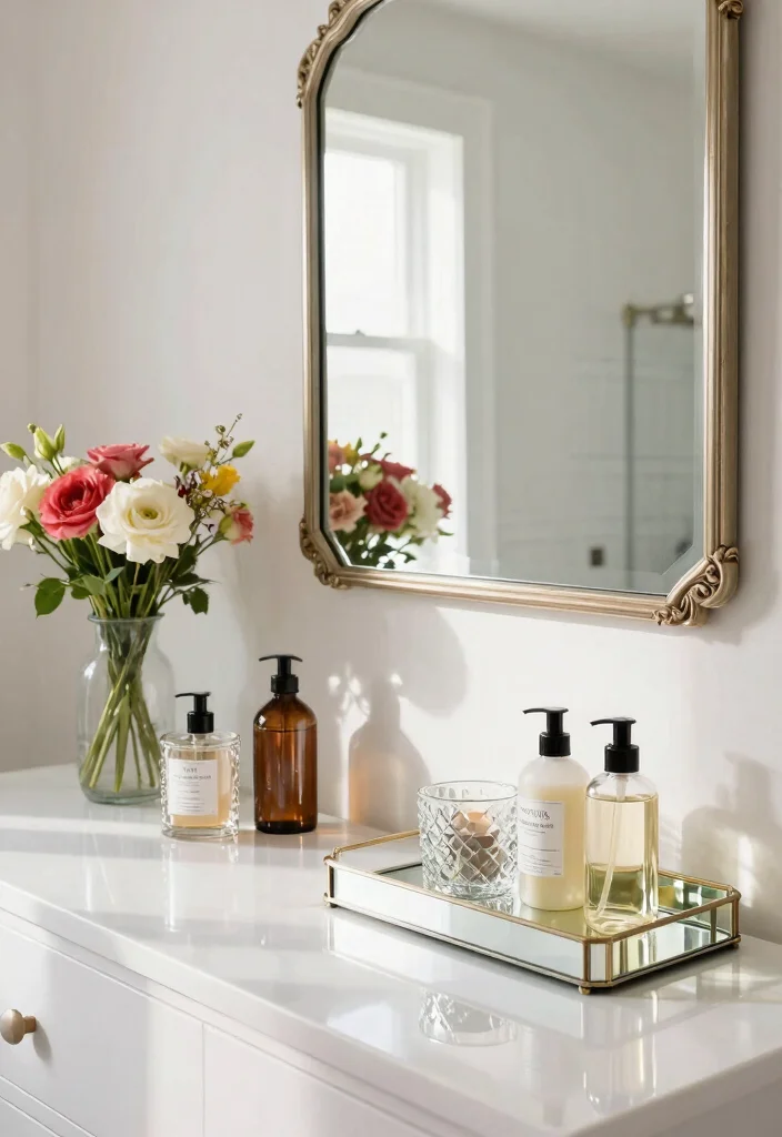 10 Mirror Bathroom Ideas to Reflect Light 6. Reflective Decor Accents 0