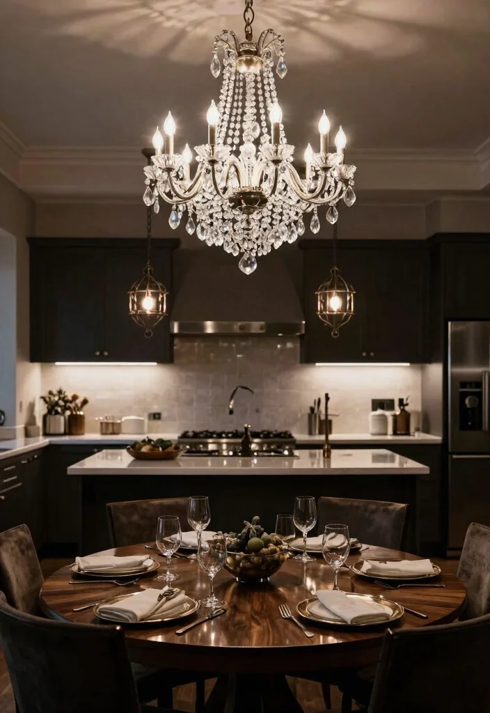 9 Gothic Kitchen Ideas with Dark Dramatic Style 3. Dramatic Lighting Fixtures 0
