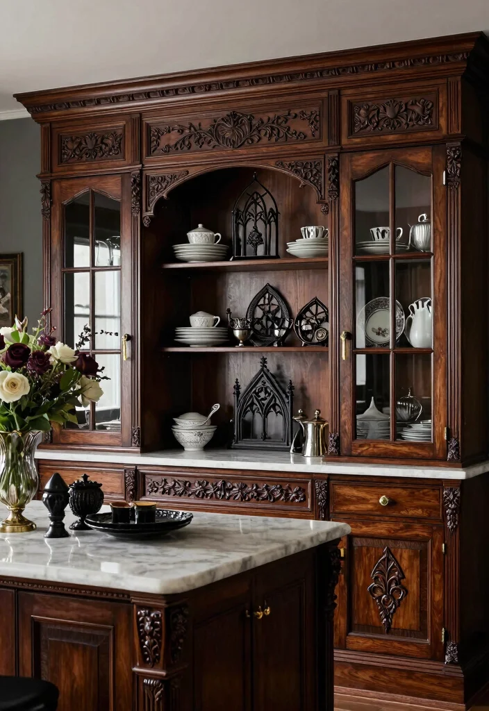 9 Gothic Kitchen Ideas with Dark Dramatic Style 6. Ornate Cabinetry 0